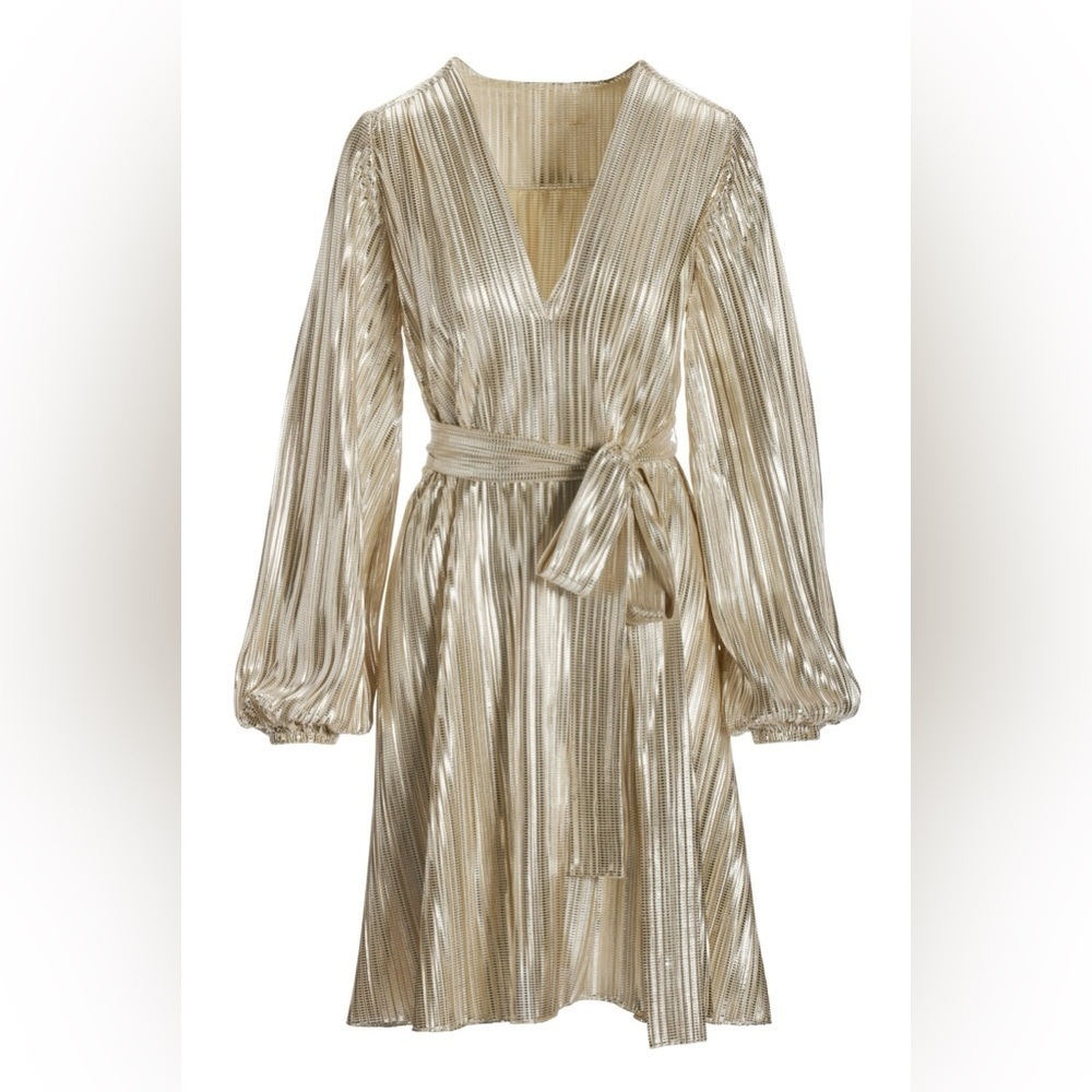 Boston Proper Metallic Pleated Long-Sleeve Dress Platinum Women’s size Medium